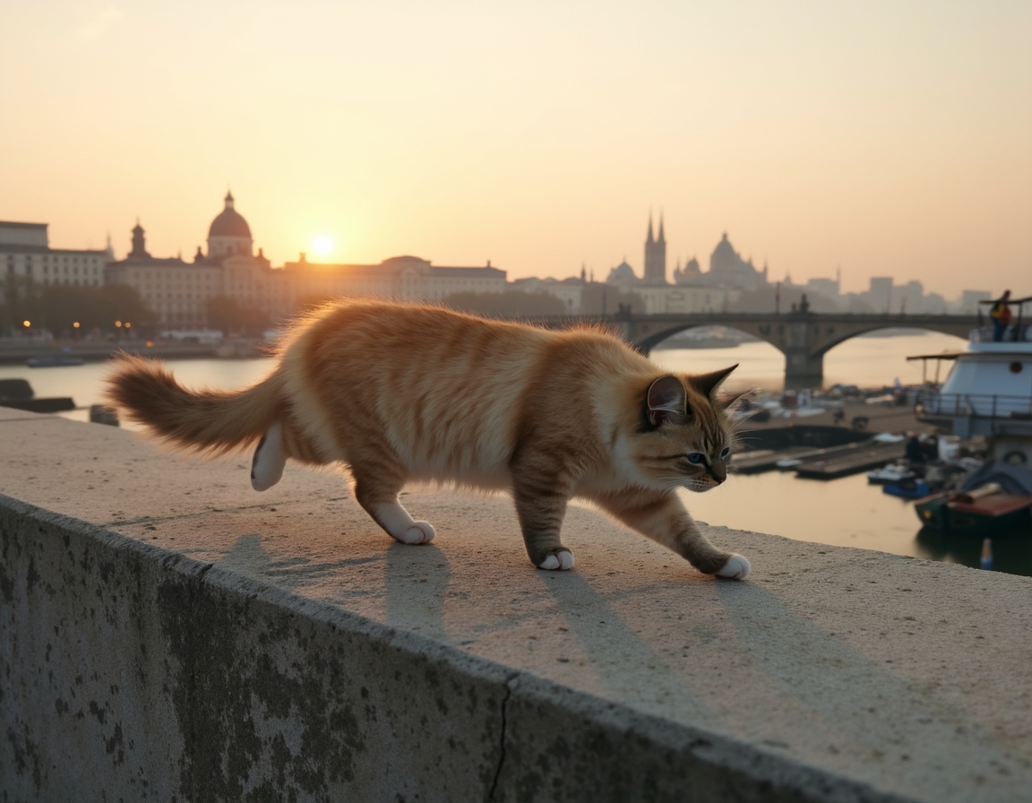 Cat explores a scenic urban bridge, taking in the breathtaking views of the skyline.